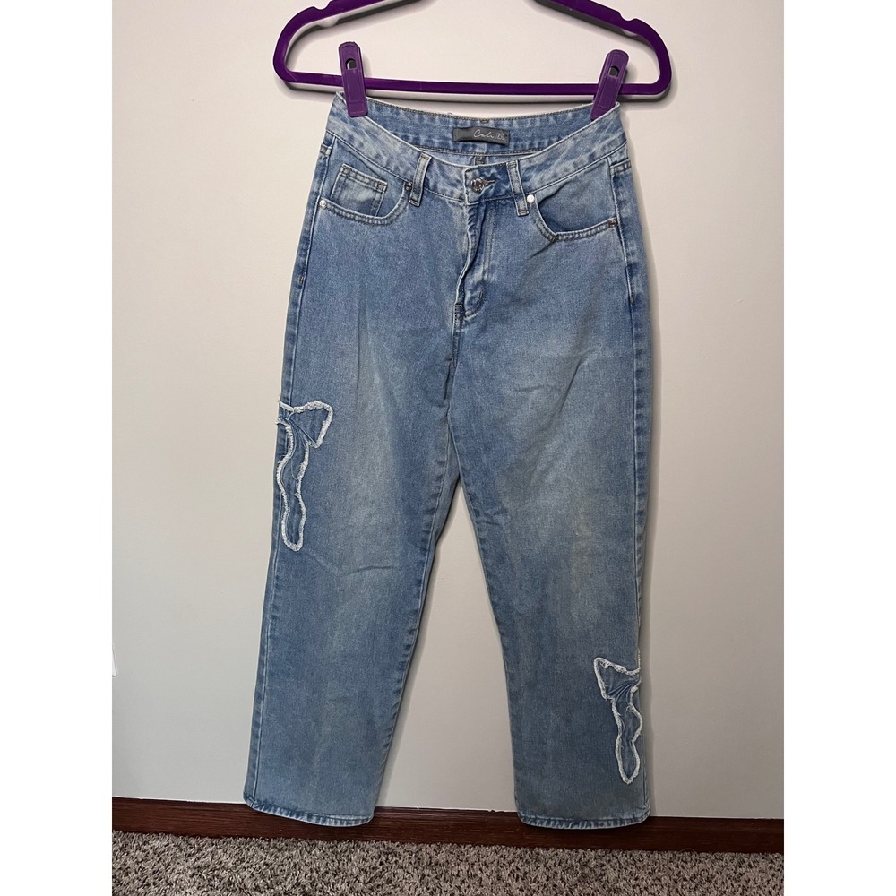 Cali 1850 Women Light Wash Distressed Butterfly Applique Straight Leg Jeans 3